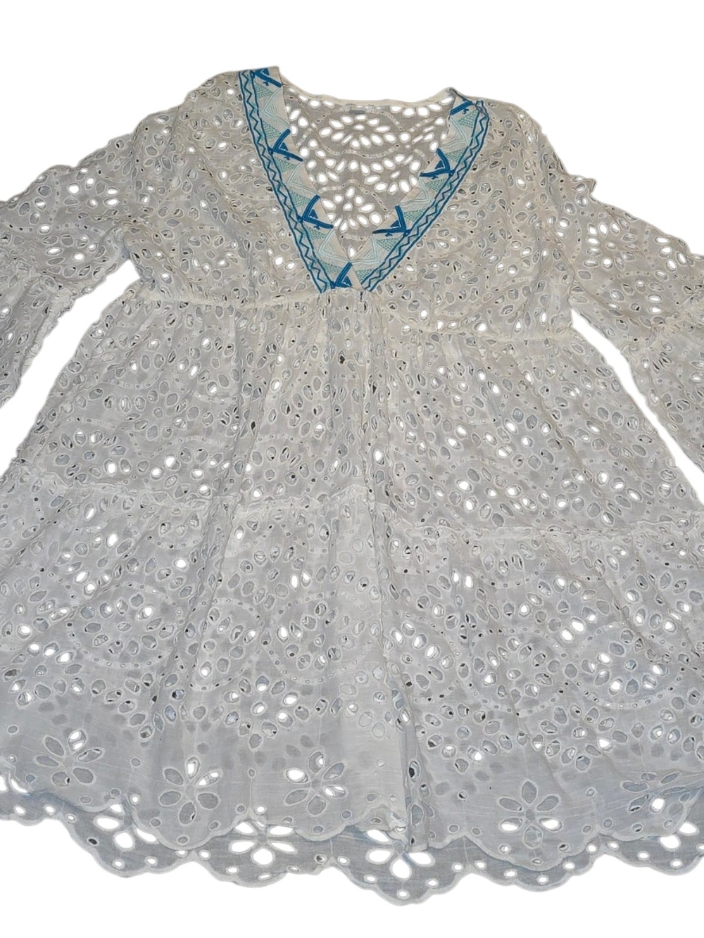 Sundance XL White Eyelet Boho Tunic Dress Bell Sleeve Embroidered Cottage